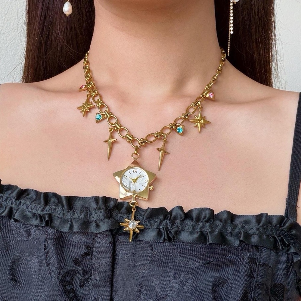 HANDMADE Gold Chain Retro Stainless Steel Celestial Y2K “WORKING WATCH” Necklace